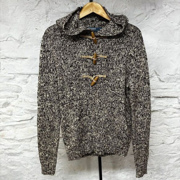 Vintage Polo Ralph Lauren Knit Sweater Hoodie Wooden Toggle Buttons Brown Small - Picture 1 of 7